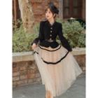Set: Embellished Blouse + Dotted Mesh Midi A-line Skirt + Belt