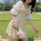 Mesh-sleeve Floral Print Mini A-line Dress