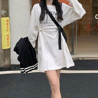 Long-sleeve Lettering Drawstring Mini T-shirt Dress White - One Size