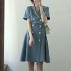 Short-sleeve Double-breasted Chiffon A-line Dress
