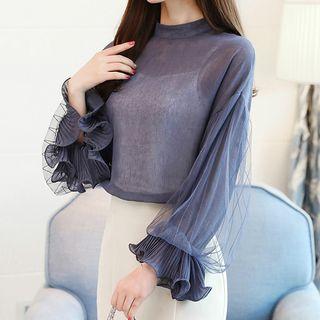 Set: Mock-neck Flared-cuff Blouse + Plain Camisole Top