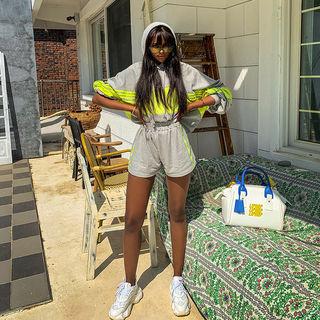 Set: Color-block Hooded Top + Band-waist Shorts