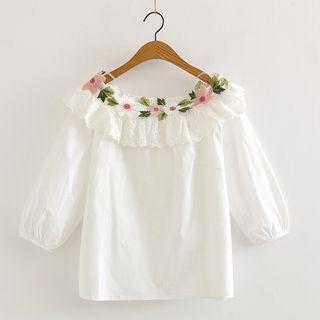Flower Embroidered 3/4-sleeve Top White - One Size