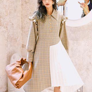 Pleated Panel Plaid Midi A-line Dress