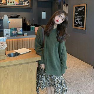 Oversize Sweater / Flower Print Long-sleeve Shift Dress