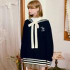 Sailor-collar Contrast-trim Cable-knit Sweater Navy Blue - One Size