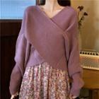V-neck Sweater / Spaghetti Strap Floral Print Midi A-line Dress