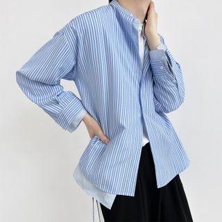 Mock Two-piece Collarless Striped Shirt