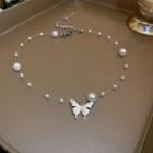 Butterfly Faux Pearl Choker Necklace - Butterfly Faux Pearl - Silver - One Size