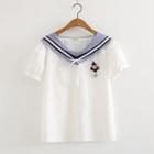 Short-sleeve Sailor Collar Embroidered Top White - One Size