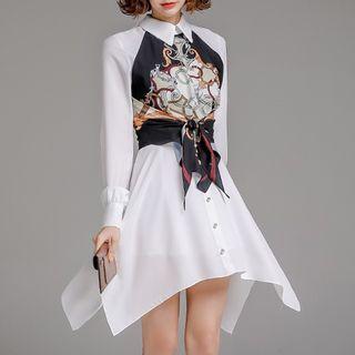 Print Panel Irregular Hem Mini A-line Shirtdress