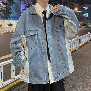 Washed Denim Printed Button-up Pocket Oversize Jacket