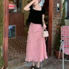 Short-sleeve Square Neck Velvet Top / Ruffled Midi A-line Skirt