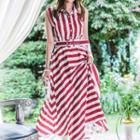 Striped Sleeveless Button Midi A-line Dress