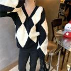 Long-sleeve Plaid V-neck Knit Sweater Plaid - One Size