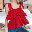 Tie Strap Frill-trim Top Red - One Size