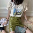 Printed Short-sleeve T-shirt / Faux Leather Mini Pencil Skirt