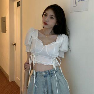 Puff-sleeve Lace-up Cropped Shirt