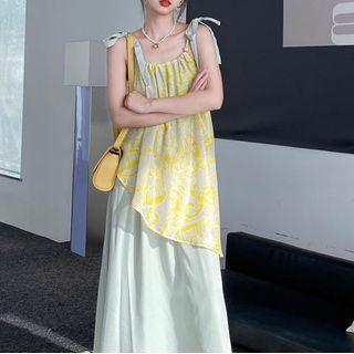 Spaghetti Strap Print Panel A-line Dress