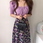 Short-sleeve Square Neck Plain Top / High-waist Floral Skirt
