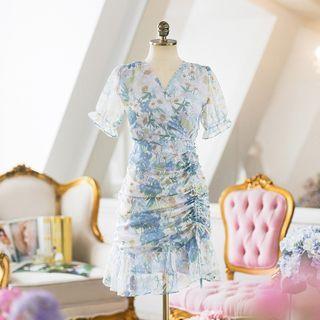 Short-sleeve Floral Print Shirred Chiffon Dress