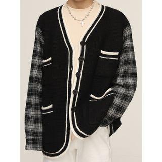 Plaid Panel V-neck Cardigan