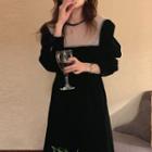 Long-sleeve Faux Pearl Panel Midi A-line Dress Black - One Size