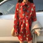 Dog Print Long-sleeve Collared Dress Red - One Size