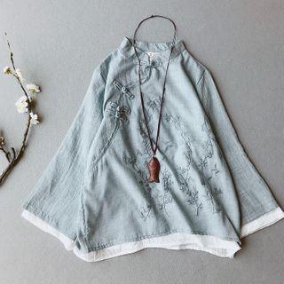 Long-sleeve Floral Embroidered Frog-buttoned Linen Top
