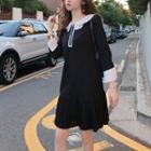Long-sleeve Two-tone Mini Pleated Dress Black - One Size