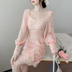 Puff-sleeve Floral Print Shirred A-line Dress
