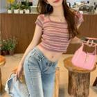 Short-sleeve Square Neck Striped Crop Top