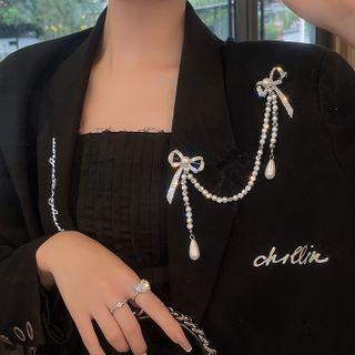 Bow Rhinestone Faux Pearl Chained Brooch Silver - One Size