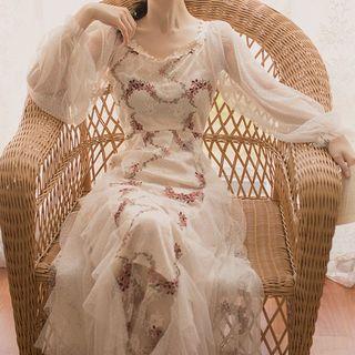 Mesh Panel Embroidered Long-sleeve A-line Dress