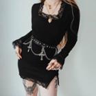 Long-sleeve Lace Panel Slit Mini Bodycon Dress
