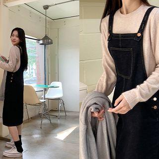 Button-trim Denim Jumper Dress Blue - One Size