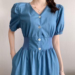 Puff Short-sleeve Denim Midi A-line Dress