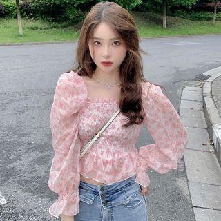 Flared-cuff Floral Cropped Blouse Floral - Pink - One Size