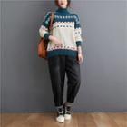 Patterned High-neck Knit Sweater White Green - One Size