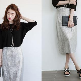 Band-waist Glitter Midi Skirt