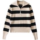 Striped Collared Half-zip Knit Top