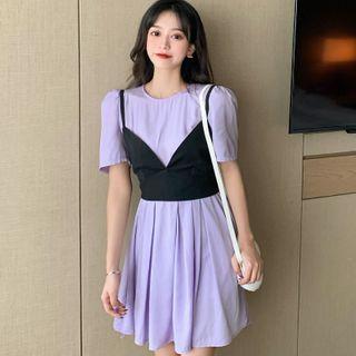 Set: Short-sleeve Plain Dress + Spaghetti Strap Top
