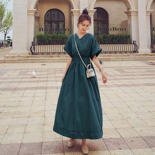 Drawstring Pocket Detail Short-sleeve Midi Shift Dress