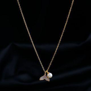 Whale Tail Faux Pearl Pendant Alloy Necklace White Fish Tail - Gold - One Size