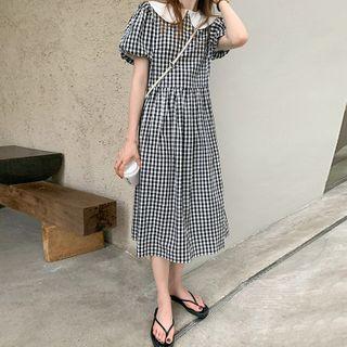Gingham Short-sleeve Midi Shift Dress Black - One Size