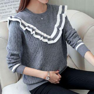 Striped Ruffle Trim Cable Knit Sweater