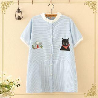 Striped Embroidered Short-sleeve Blouse