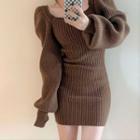 Square-neck Knit Mini Bodycon Dress Coffee - One Size