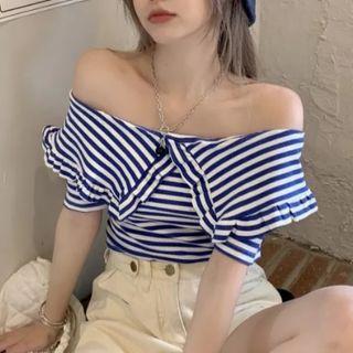 Short-sleeve Off-shoulder Striped T-shirt