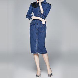 3/4-sleeve Midi Sheath Denim Dress